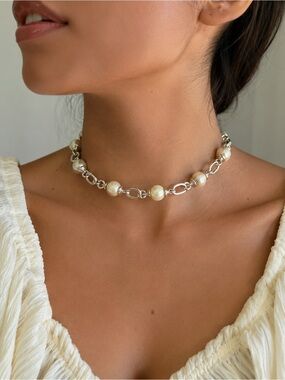 Majorica Pearl Station Link Choker Necklace Silver Tone Toggle Spain NWT
